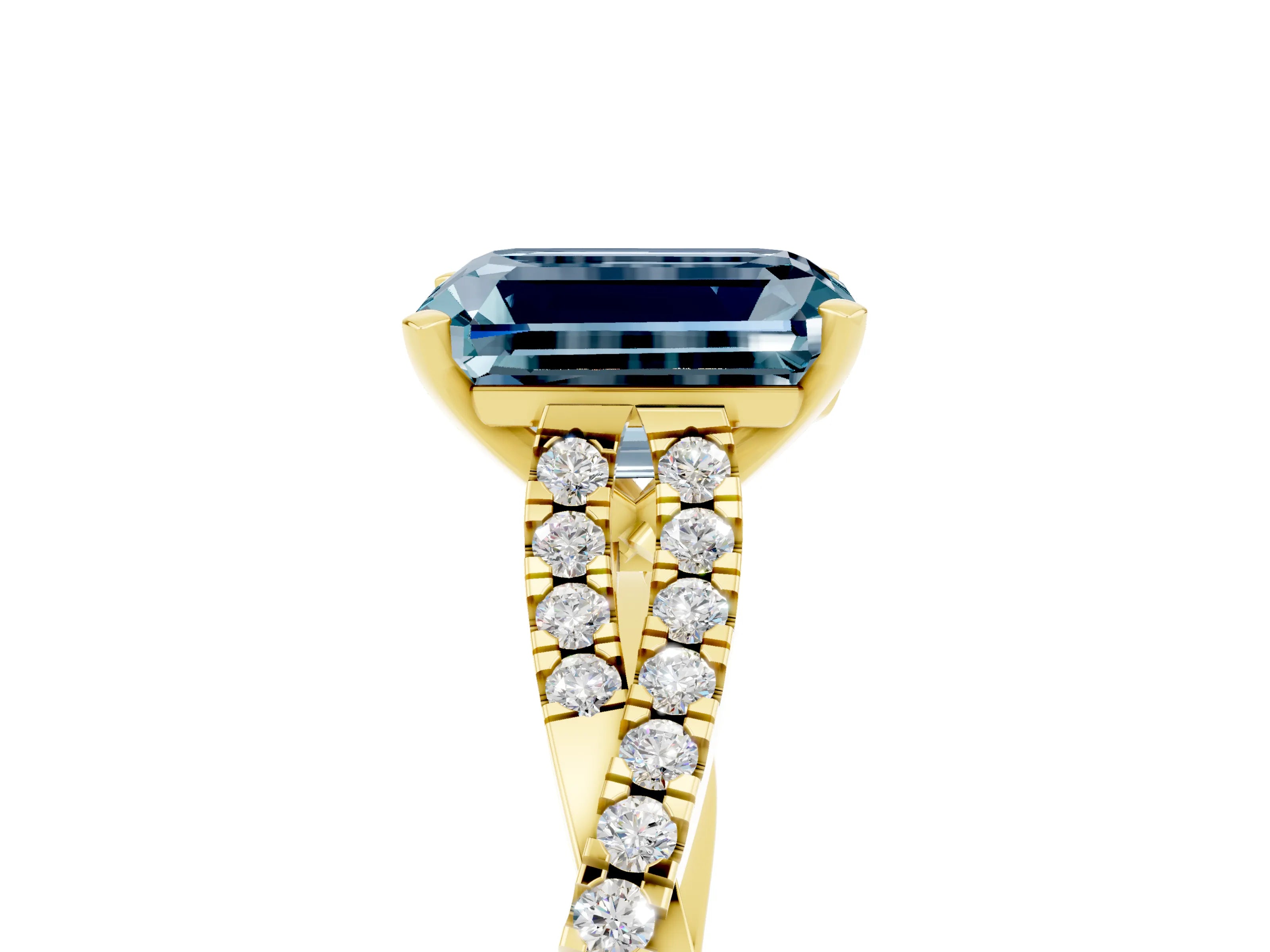 Yellow gold Emerald Cut Aquamarine Solitaire Engagement Ring with Twisted Pavé Band and Four-Prong Setting_5