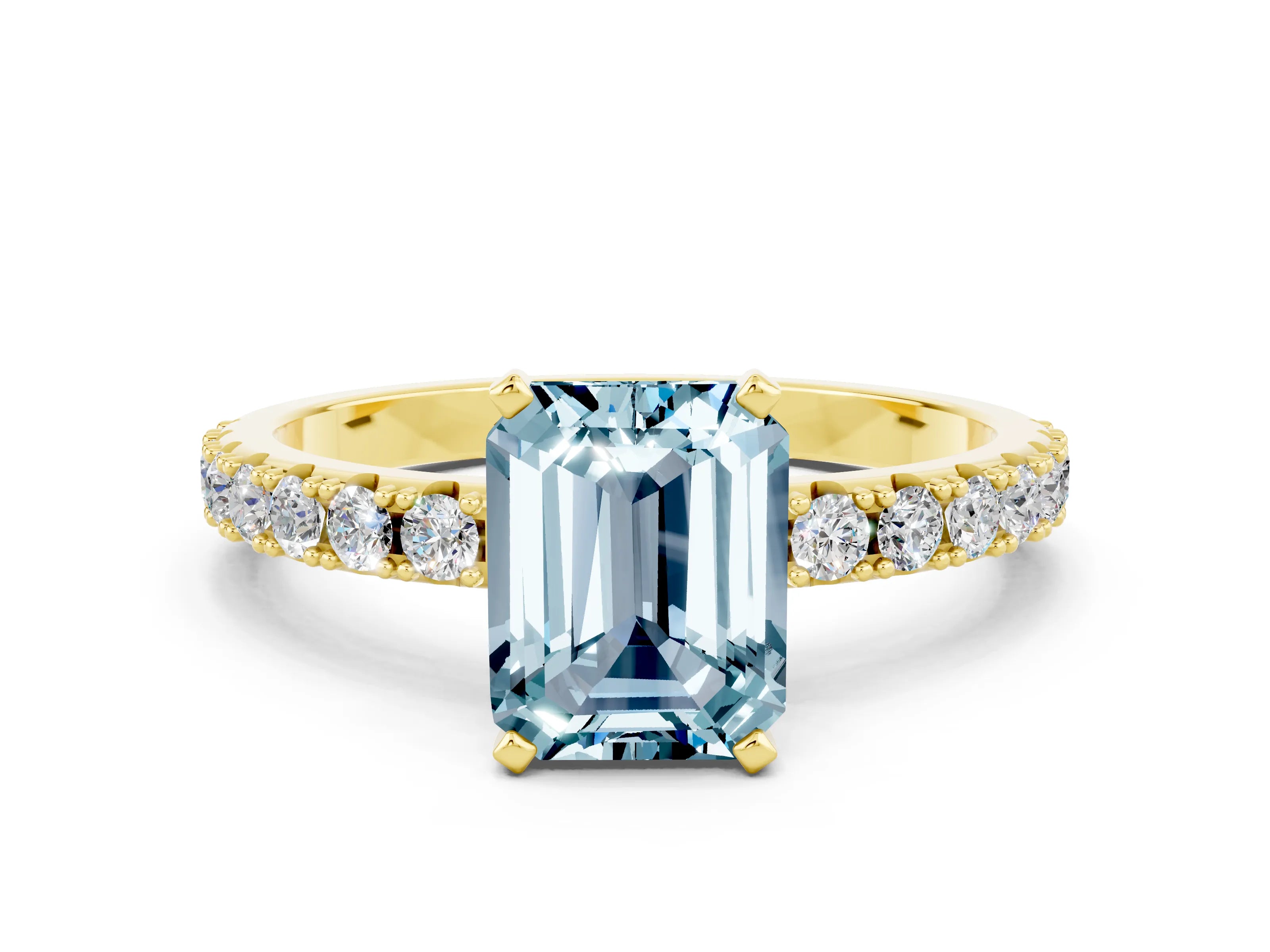 Yellow gold Emerald Cut Aquamarine Solitaire Pavé Band with Four-Prong Setting