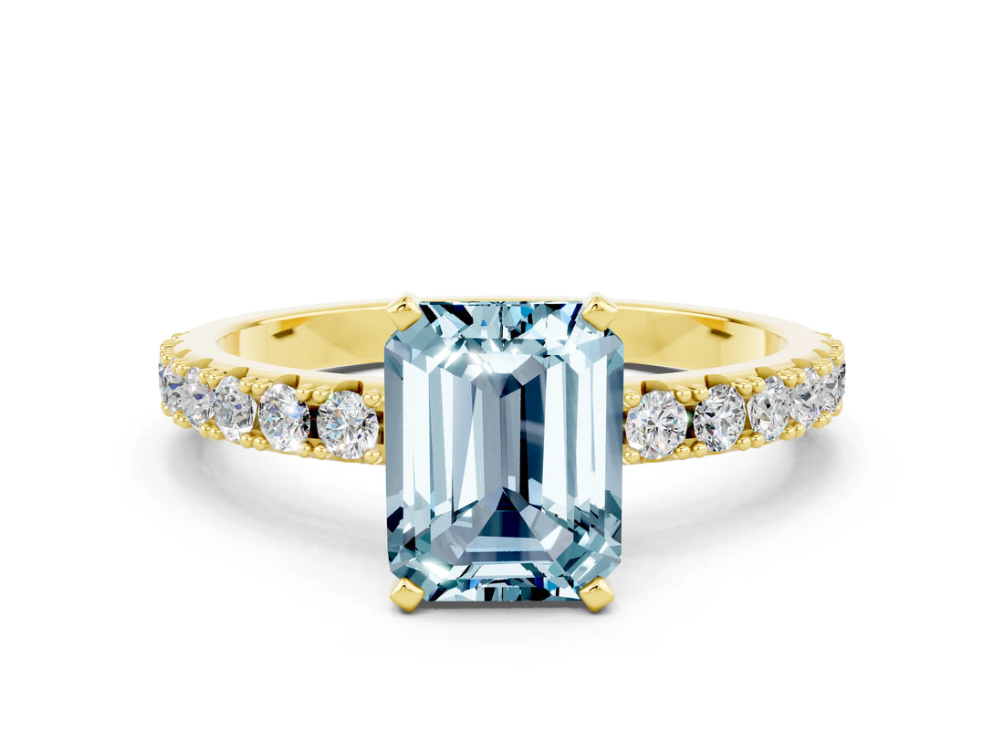 Yellow gold Emerald Cut Aquamarine Solitaire Pavé Band with Four-Prong Setting