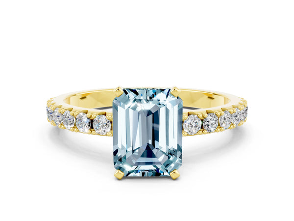 Yellow gold Emerald Cut Aquamarine Solitaire Pavé Band with Four-Prong Setting