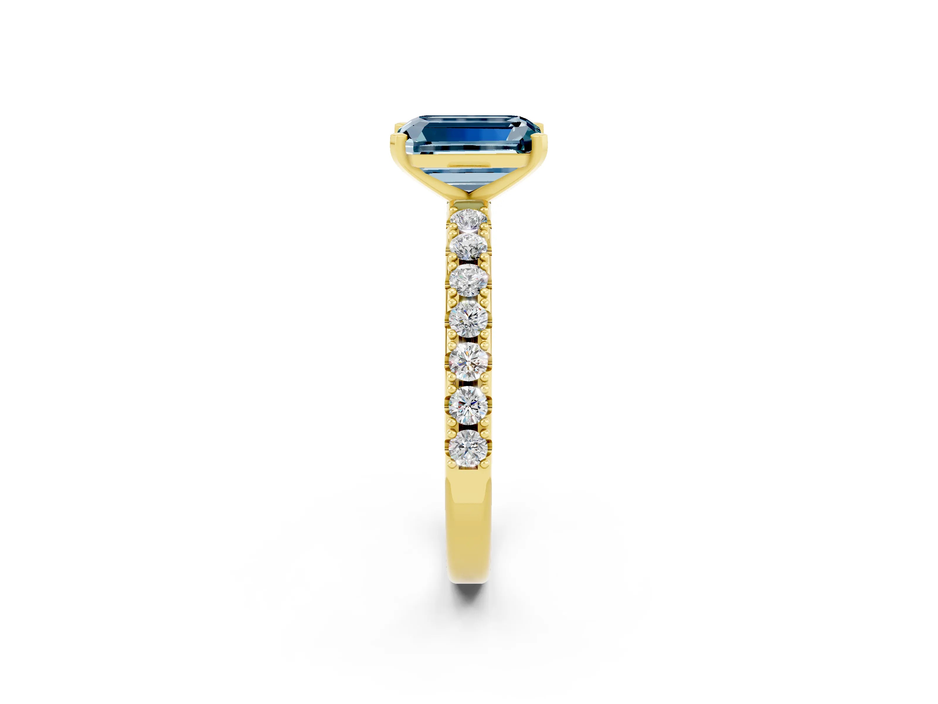 Yellow gold Emerald Cut Aquamarine Solitaire Pavé Band with Four-Prong Setting_2