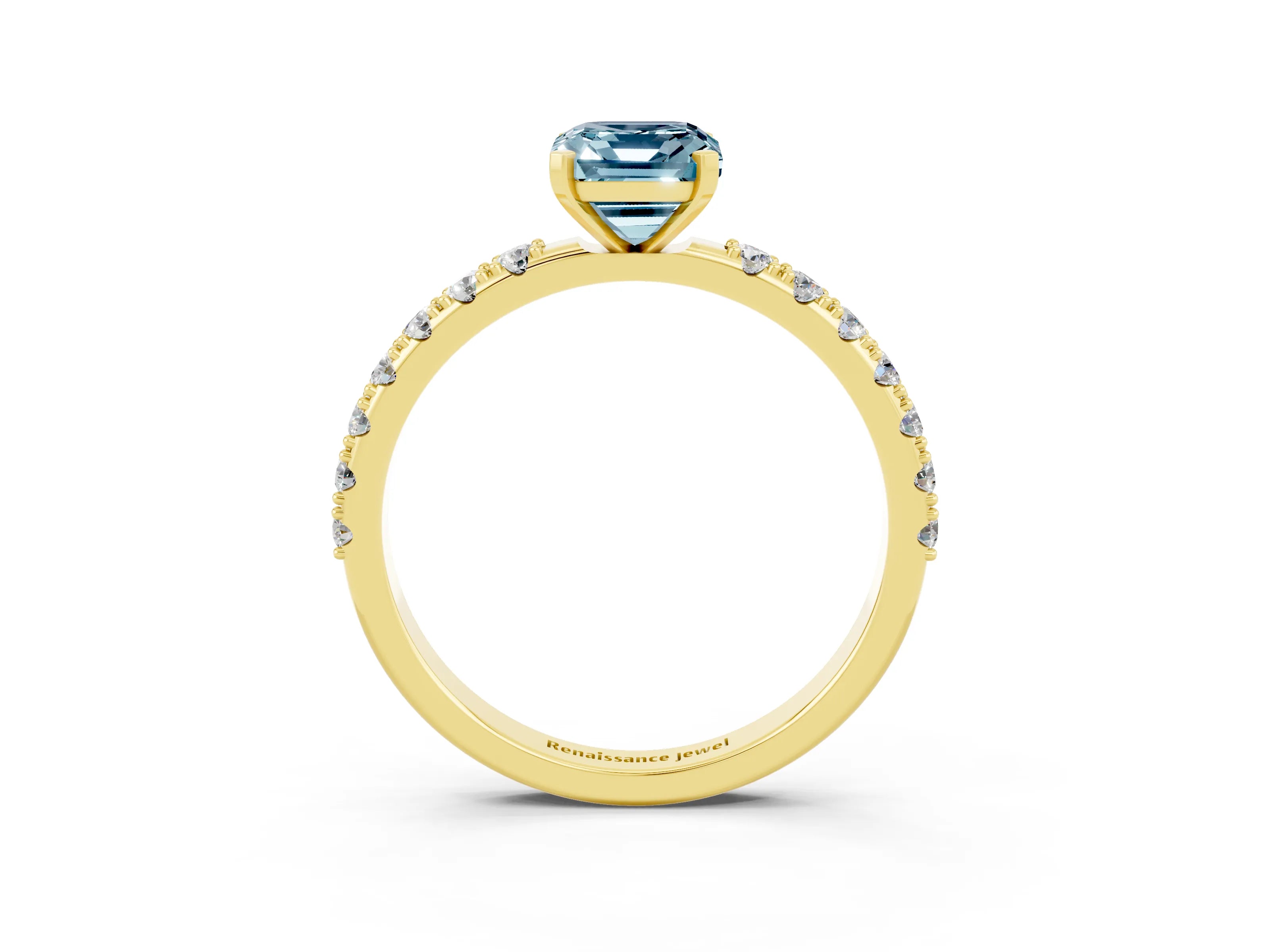 Yellow gold Emerald Cut Aquamarine Solitaire Pavé Band with Four-Prong Setting_3