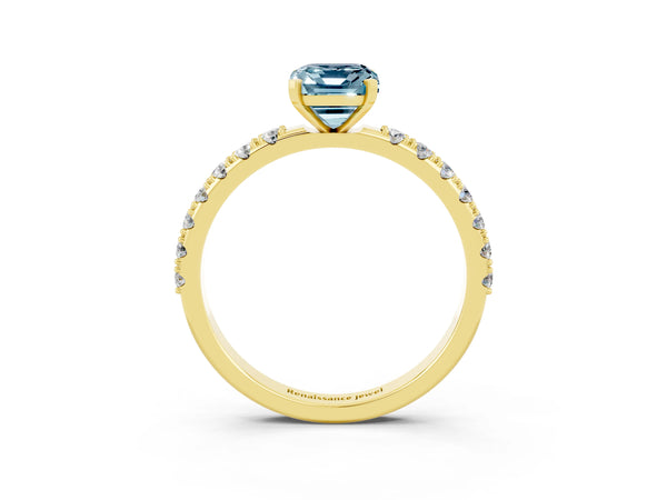 Yellow gold Emerald Cut Aquamarine Solitaire Pavé Band with Four-Prong Setting