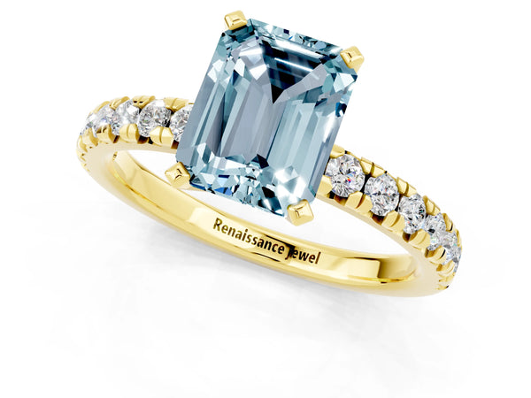 Yellow gold Emerald Cut Aquamarine Solitaire Pavé Engagement Ring with Round Band and Prong Setting