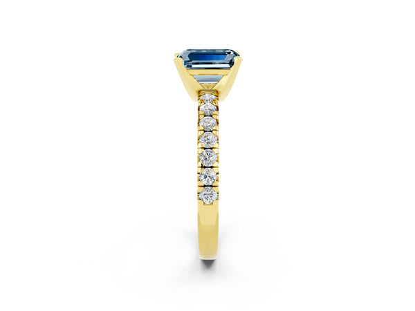 Yellow gold Emerald Cut Aquamarine Solitaire Pavé Engagement Ring with Round Band and Prong Setting
