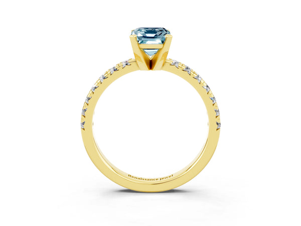 Yellow gold Emerald Cut Aquamarine Solitaire Pavé Engagement Ring with Round Band and Prong Setting