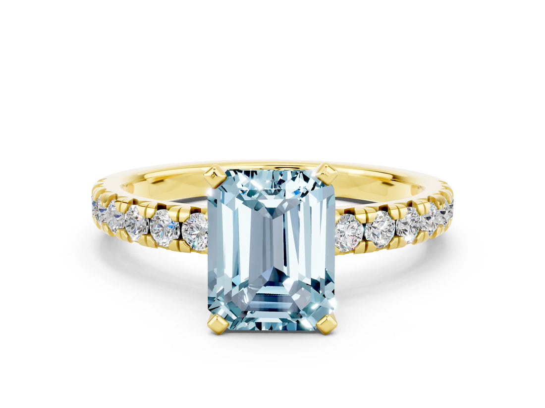 Yellow gold Emerald Cut Aquamarine Solitaire Pavé Engagement Ring with Round Band and Prong Setting_60