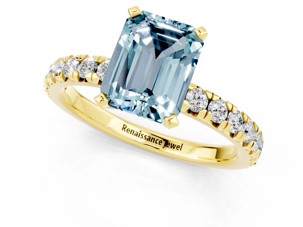 Yellow gold Emerald Cut Aquamarine Solitaire Pavé Engagement Ring with Round Band and Prong Setting