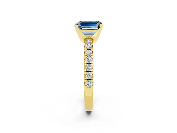 Yellow gold Emerald Cut Aquamarine Solitaire Pavé Engagement Ring with Round Band and Prong Setting