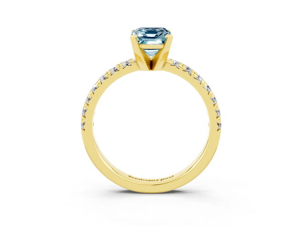 Yellow gold Emerald Cut Aquamarine Solitaire Pavé Engagement Ring with Round Band and Prong Setting