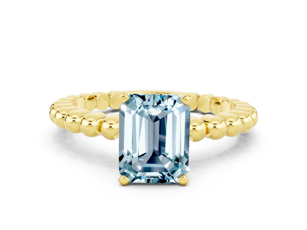 Yellow gold Emerald Cut Aquamarine Solitaire Ring with Beaded Band and Prong Setting