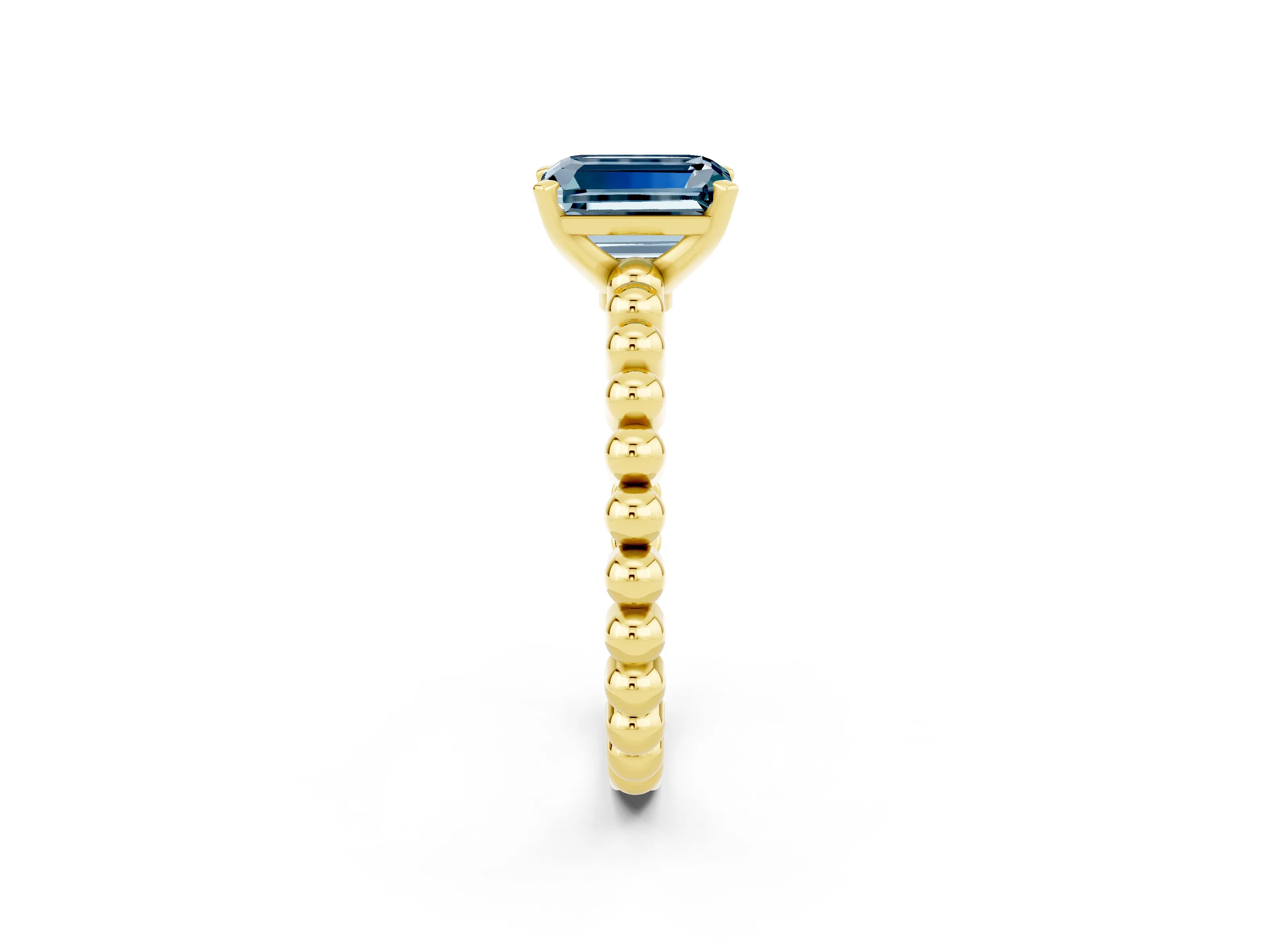 Yellow gold Emerald Cut Aquamarine Solitaire Ring with Beaded Band and Prong Setting_2