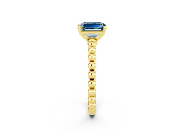 Yellow gold Emerald Cut Aquamarine Solitaire Ring with Beaded Band and Prong Setting