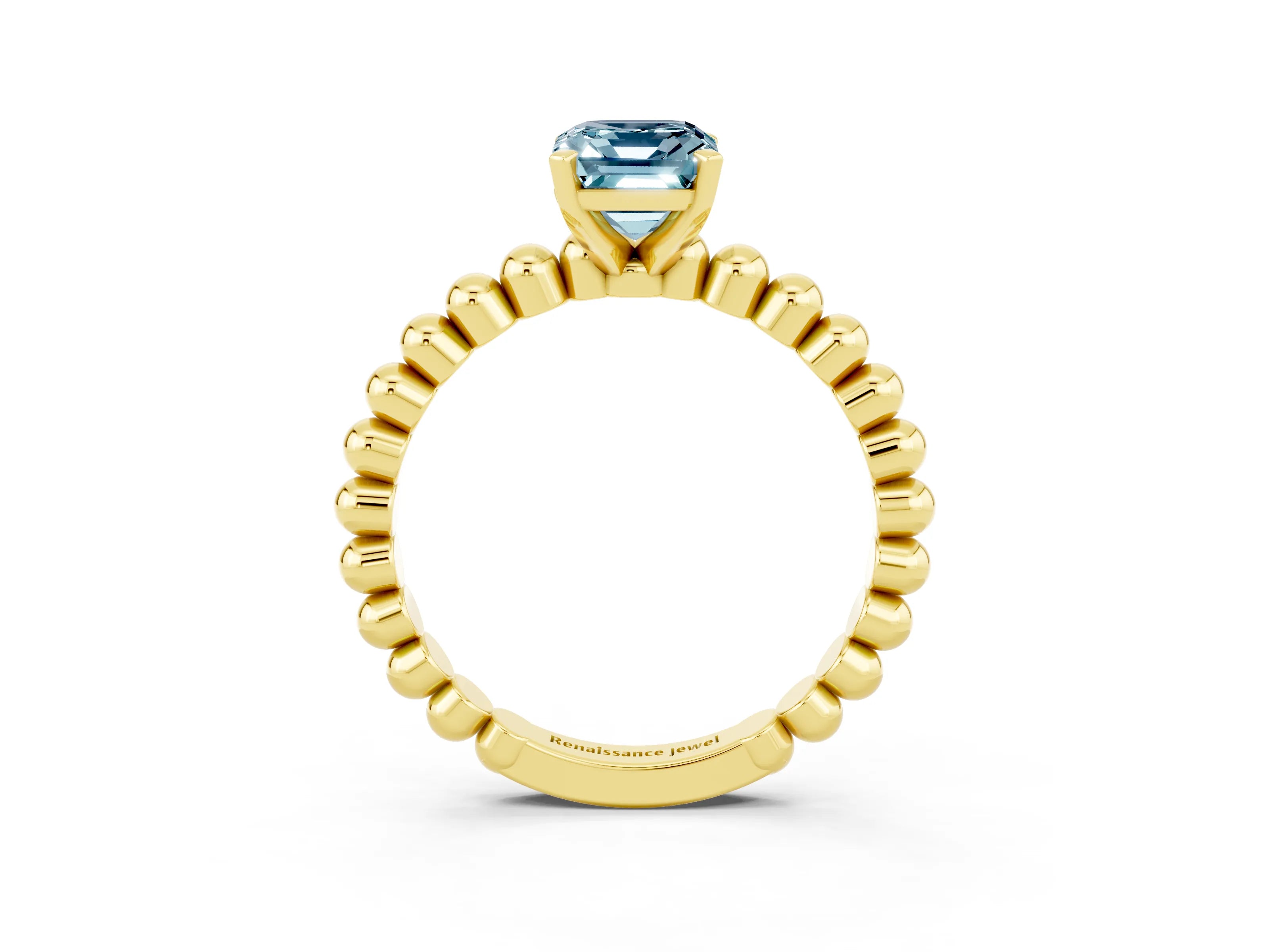 Yellow gold Emerald Cut Aquamarine Solitaire Ring with Beaded Band and Prong Setting_3