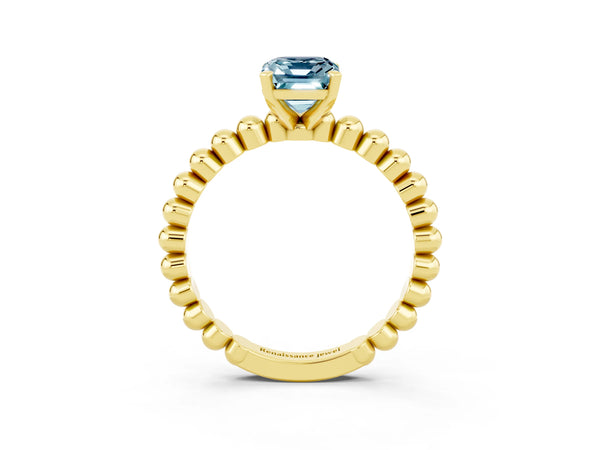 Yellow gold Emerald Cut Aquamarine Solitaire Ring with Beaded Band and Prong Setting