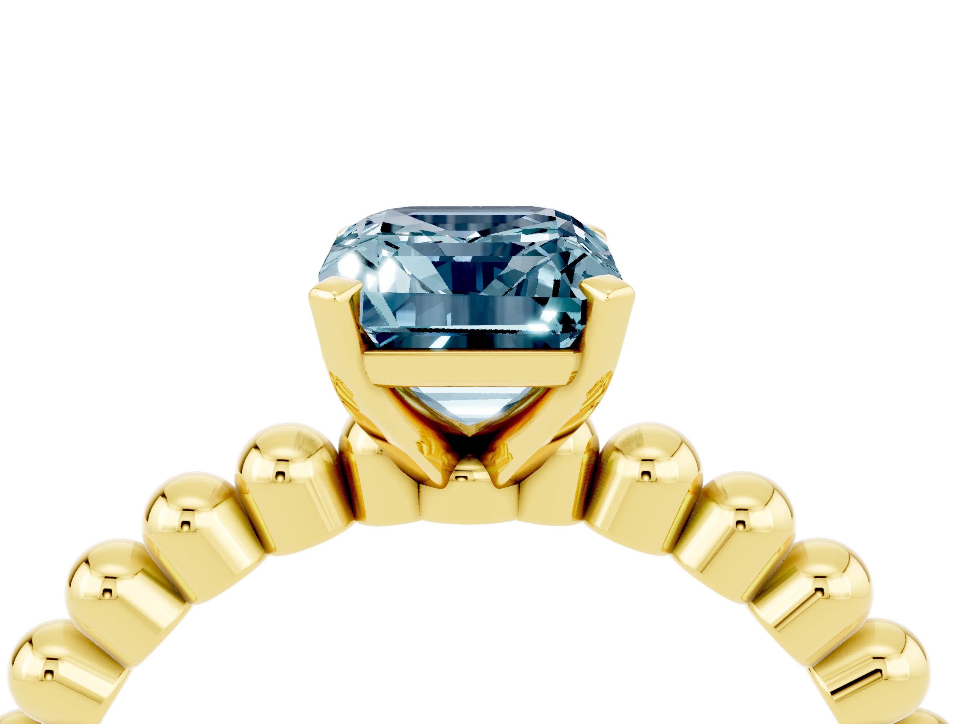 Yellow gold Emerald Cut Aquamarine Solitaire Ring with Beaded Band and Prong Setting_4