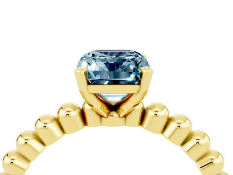 Yellow gold Emerald Cut Aquamarine Solitaire Ring with Beaded Band and Prong Setting_4