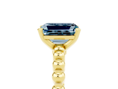 Yellow gold Emerald Cut Aquamarine Solitaire Ring with Beaded Band and Prong Setting_5