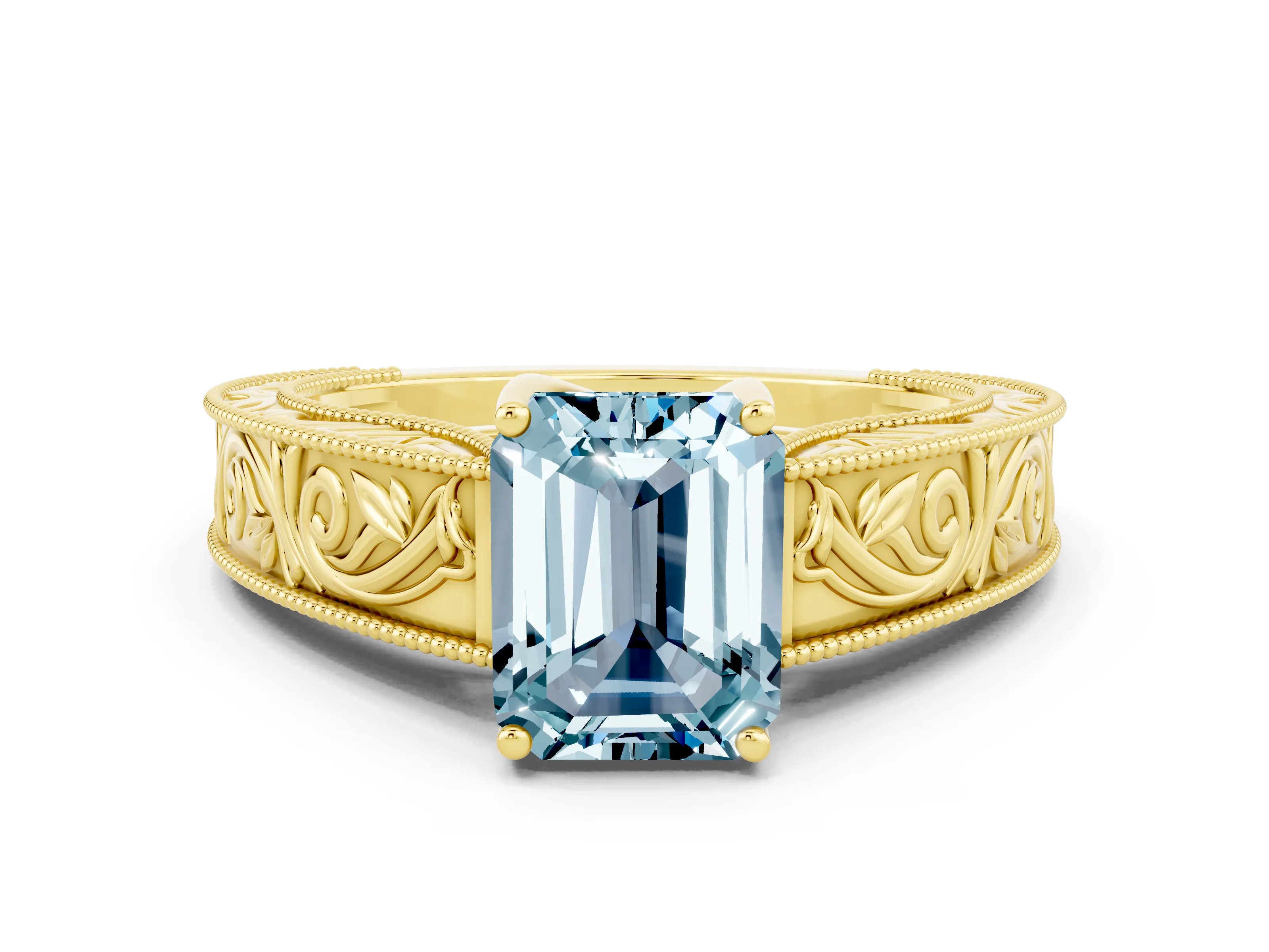 Yellow gold Emerald Cut Aquamarine Solitaire Ring with Engraved Band and Four-Prong Setting