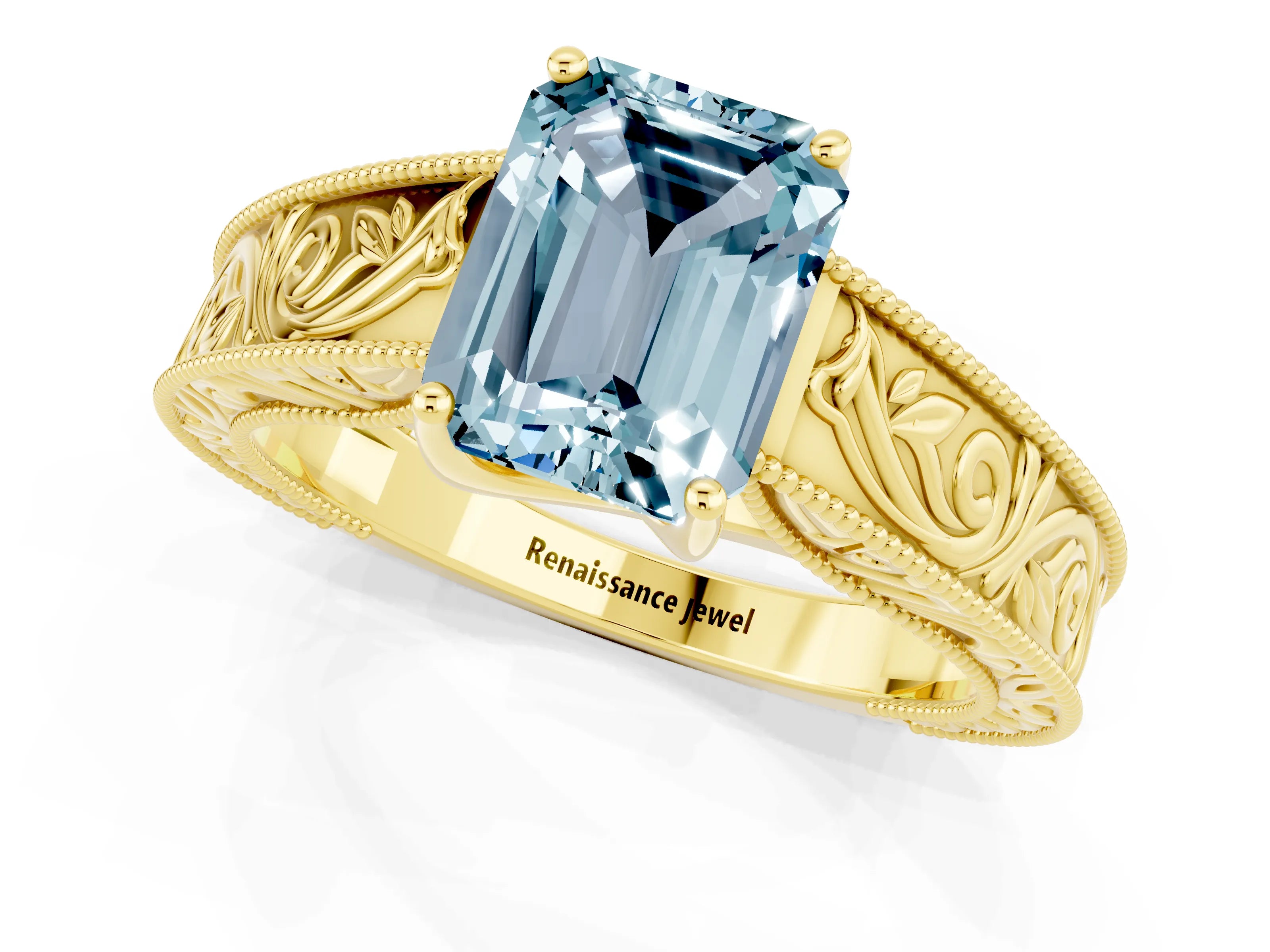 Yellow gold Emerald Cut Aquamarine Solitaire Ring with Engraved Band and Four-Prong Setting_1