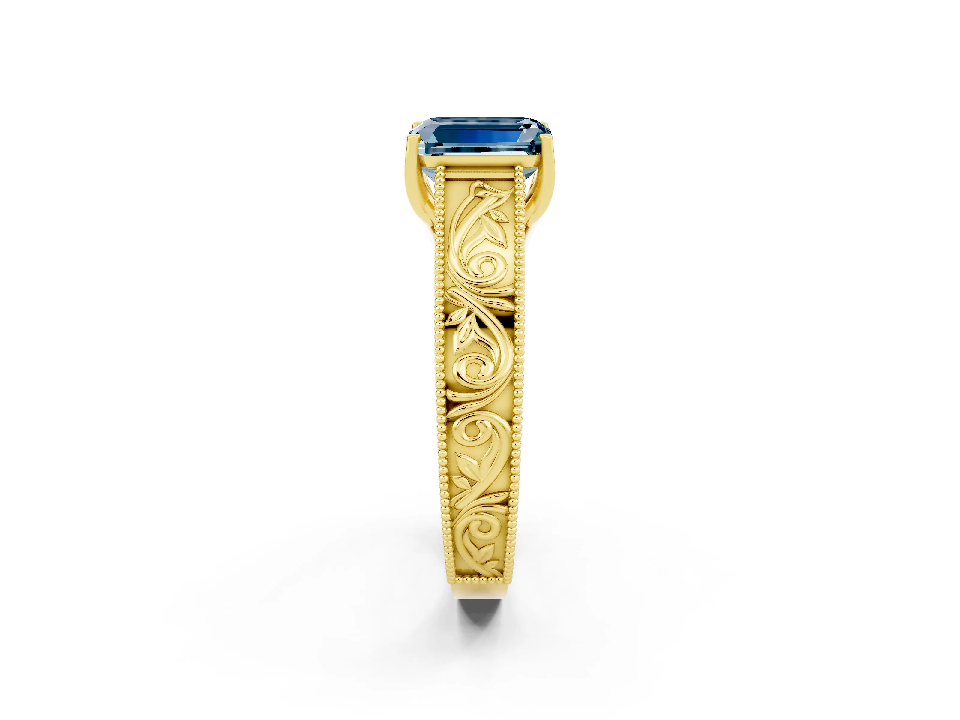 Yellow gold Emerald Cut Aquamarine Solitaire Ring with Engraved Band and Four-Prong Setting_2