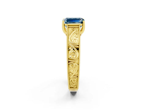 Yellow gold Emerald Cut Aquamarine Solitaire Ring with Engraved Band and Four-Prong Setting_2