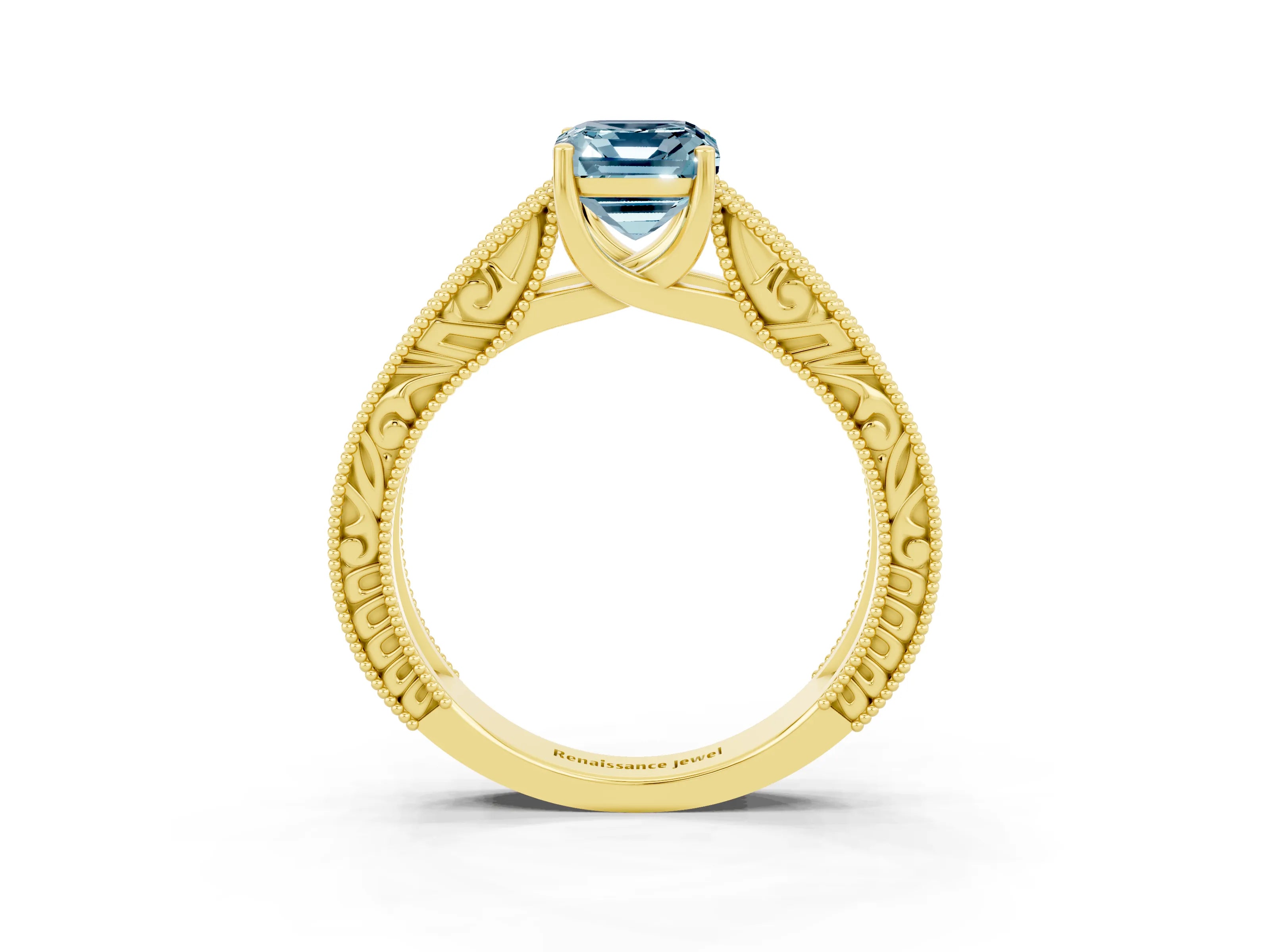 Yellow gold Emerald Cut Aquamarine Solitaire Ring with Engraved Band and Four-Prong Setting_3