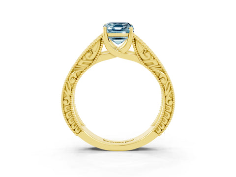 Yellow gold Emerald Cut Aquamarine Solitaire Ring with Engraved Band and Four-Prong Setting_3