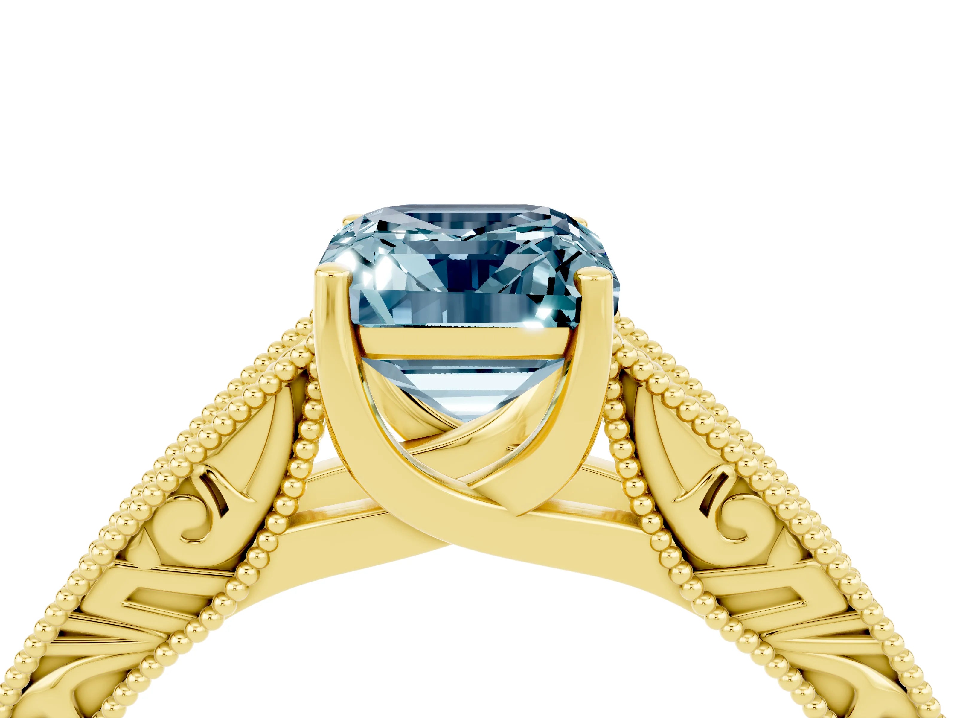 Yellow gold Emerald Cut Aquamarine Solitaire Ring with Engraved Band and Four-Prong Setting_4