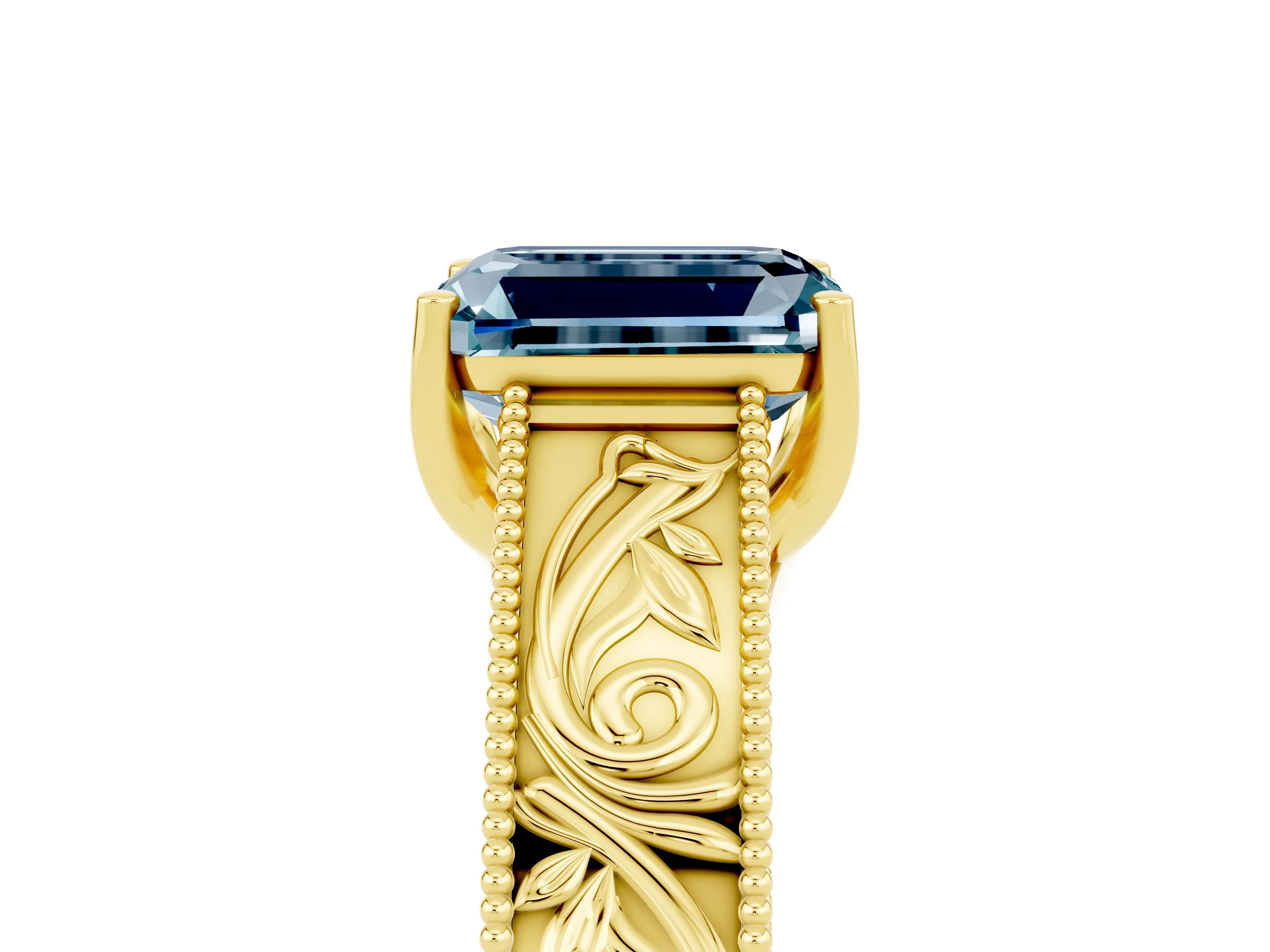 Yellow gold Emerald Cut Aquamarine Solitaire Ring with Engraved Band and Four-Prong Setting_5
