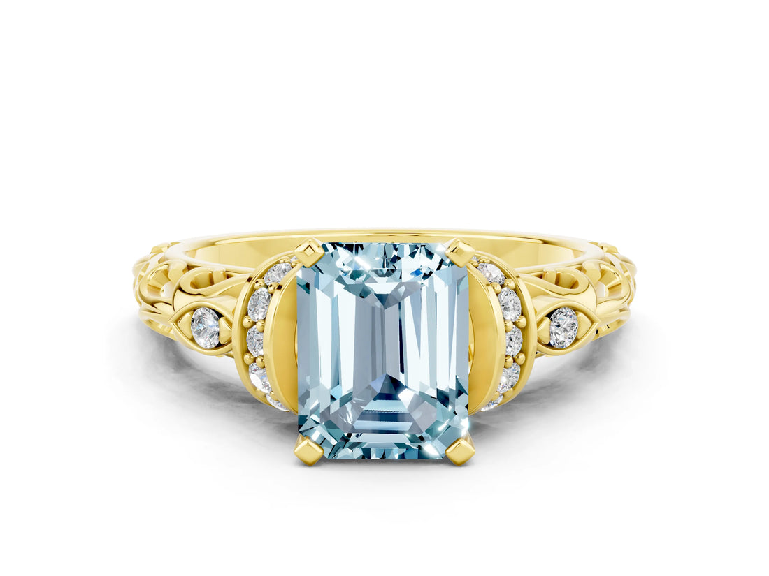 Yellow gold Emerald Cut Aquamarine Solitaire Ring with Filigree Band and Four-Prong Setting_24