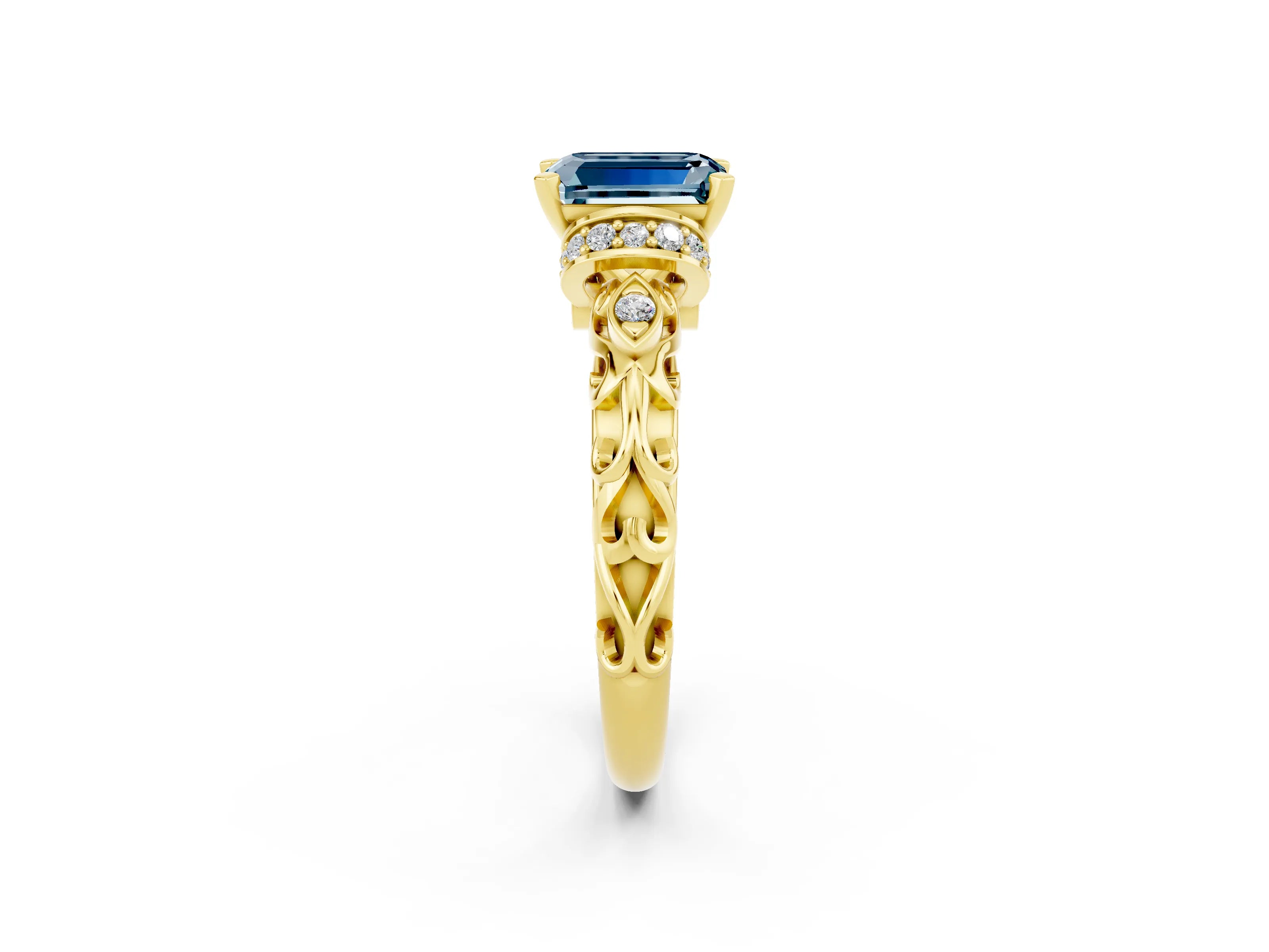 Yellow gold Emerald Cut Aquamarine Solitaire Ring with Filigree Band and Four-Prong Setting_26