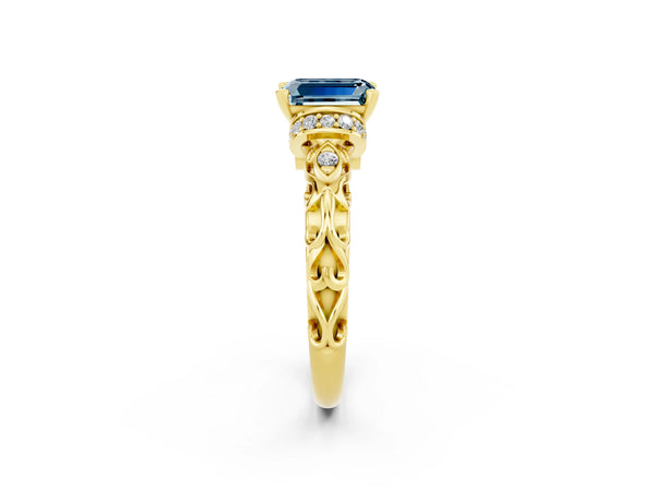Yellow gold Emerald Cut Aquamarine Solitaire Ring with Filigree Band and Four-Prong Setting