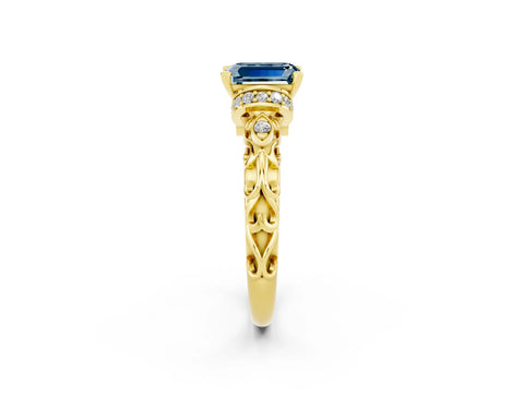 Yellow gold Emerald Cut Aquamarine Solitaire Ring with Filigree Band and Four-Prong Setting_26