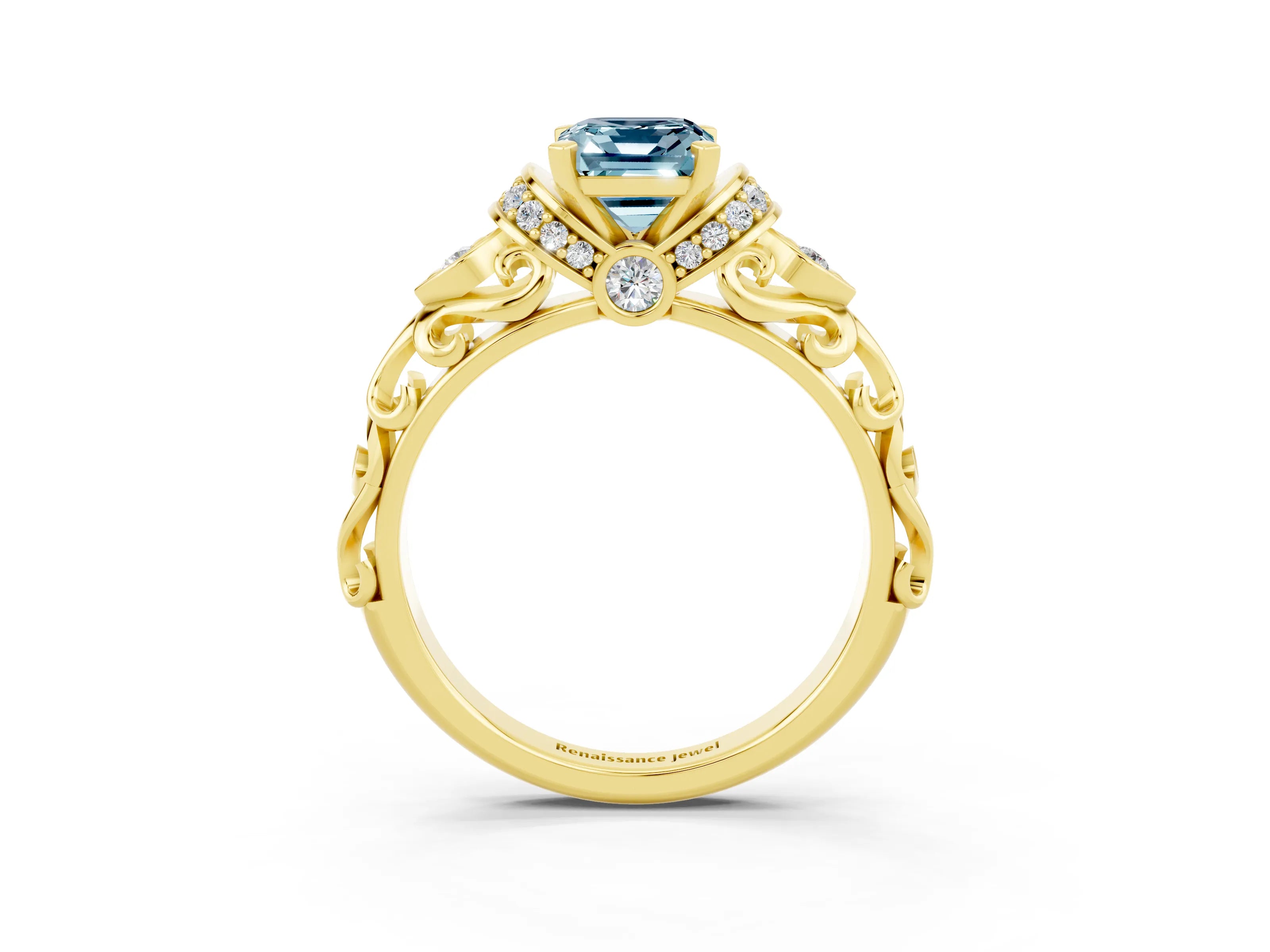 Yellow gold Emerald Cut Aquamarine Solitaire Ring with Filigree Band and Four-Prong Setting_27