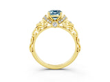 Yellow gold Emerald Cut Aquamarine Solitaire Ring with Filigree Band and Four-Prong Setting_27