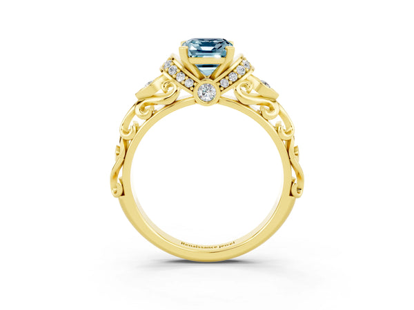 Yellow gold Emerald Cut Aquamarine Solitaire Ring with Filigree Band and Four-Prong Setting