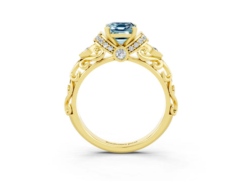 Yellow gold Emerald Cut Aquamarine Solitaire Ring with Filigree Band and Four-Prong Setting_27
