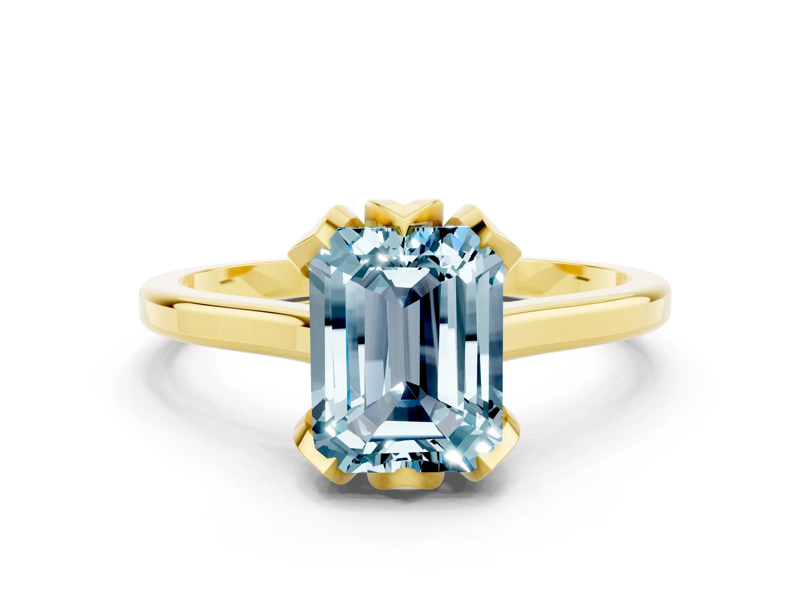Yellow gold Emerald Cut Aquamarine Solitaire Ring with Flower Prong Setting and Classic Band_12