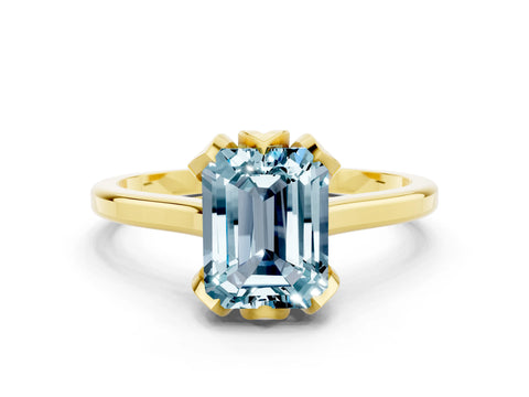Yellow gold Emerald Cut Aquamarine Solitaire Ring with Flower Prong Setting and Classic Band_12