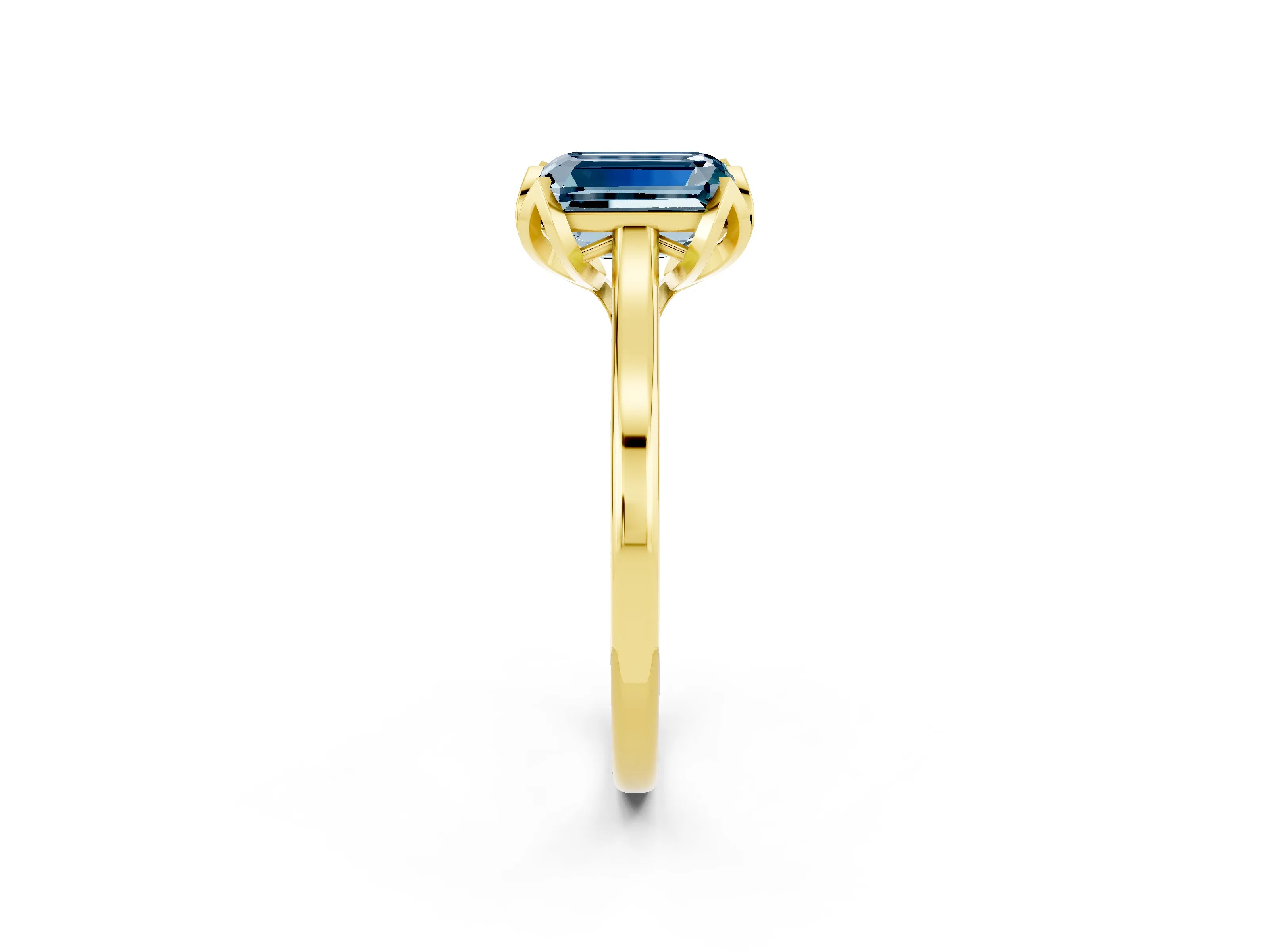 Yellow gold Emerald Cut Aquamarine Solitaire Ring with Flower Prong Setting and Classic Band_14