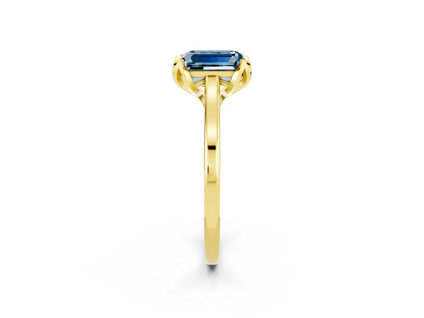 Yellow gold Emerald Cut Aquamarine Solitaire Ring with Flower Prong Setting and Classic Band