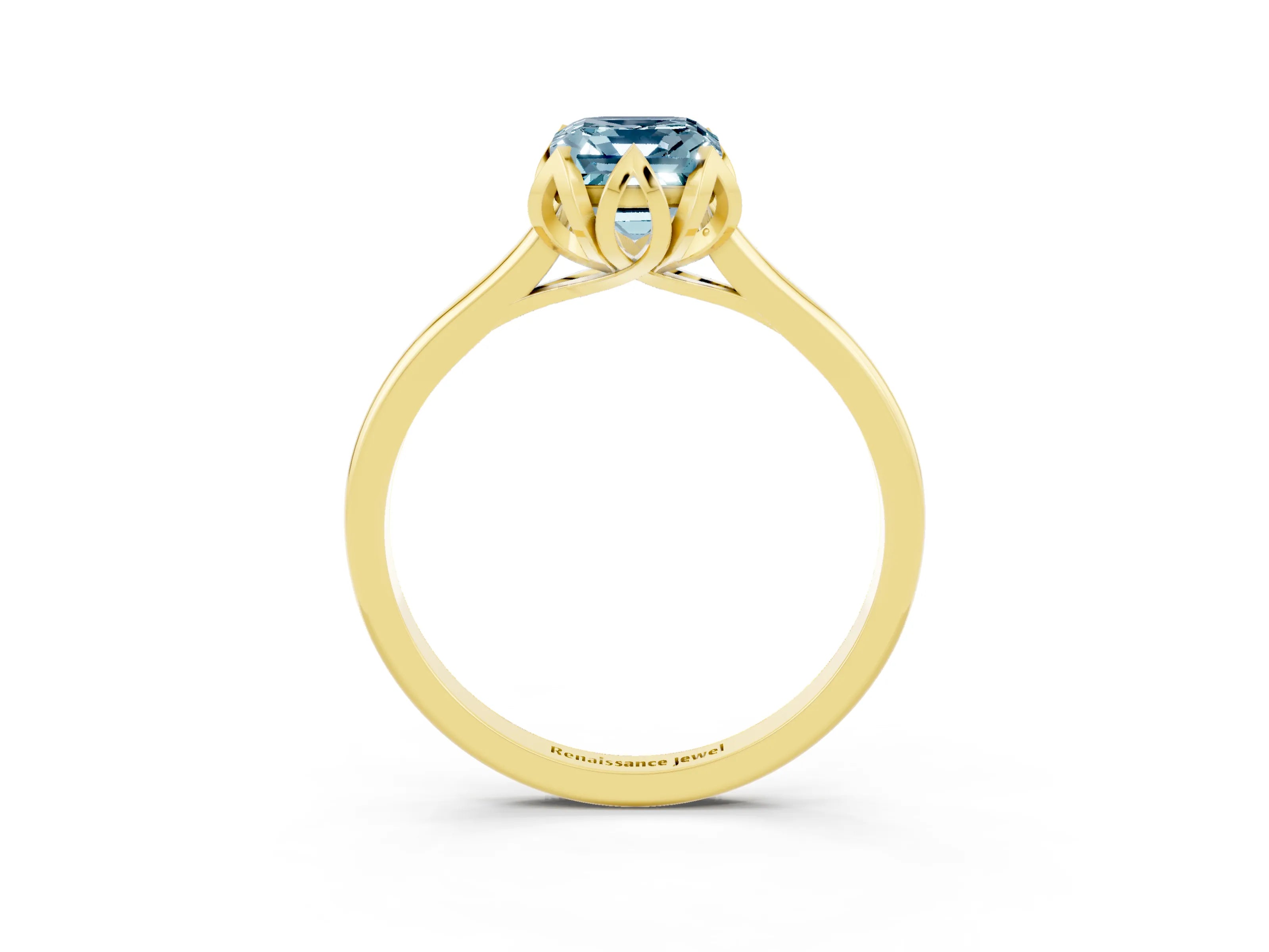 Yellow gold Emerald Cut Aquamarine Solitaire Ring with Flower Prong Setting and Classic Band_15