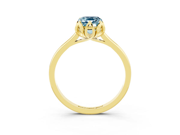Yellow gold Emerald Cut Aquamarine Solitaire Ring with Flower Prong Setting and Classic Band