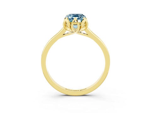 Yellow gold Emerald Cut Aquamarine Solitaire Ring with Flower Prong Setting and Classic Band_15