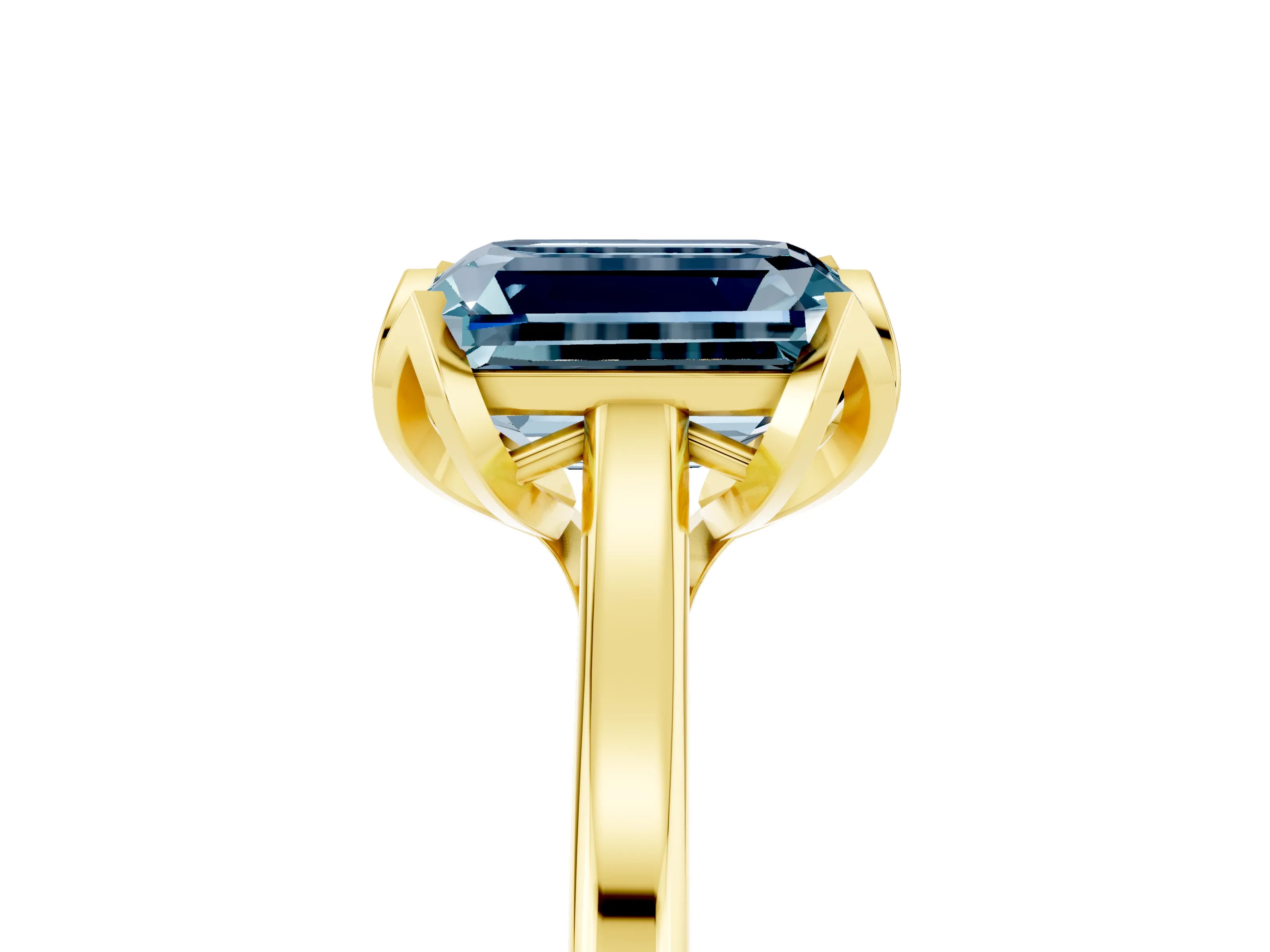 Yellow gold Emerald Cut Aquamarine Solitaire Ring with Flower Prong Setting and Classic Band_17