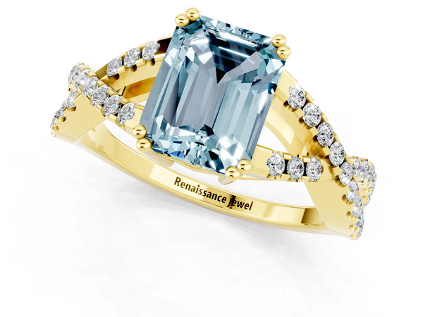 Yellow gold Emerald Cut Aquamarine Solitaire Ring with Four-Prong Setting and Twisted Pavé Band