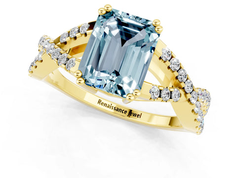 Yellow gold Emerald Cut Aquamarine Solitaire Ring with Four-Prong Setting and Twisted Pavé Band_1