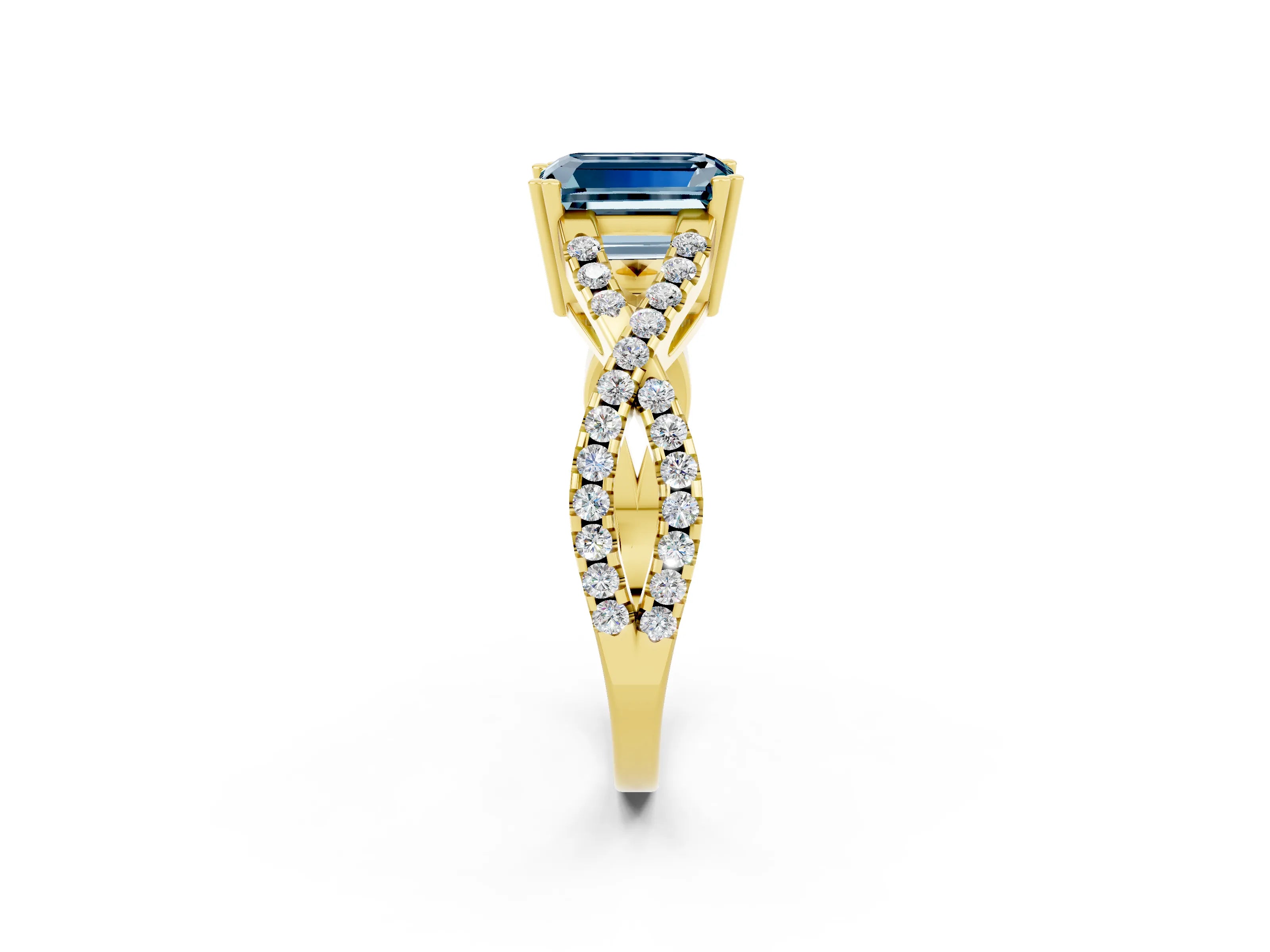 Yellow gold Emerald Cut Aquamarine Solitaire Ring with Four-Prong Setting and Twisted Pavé Band_2