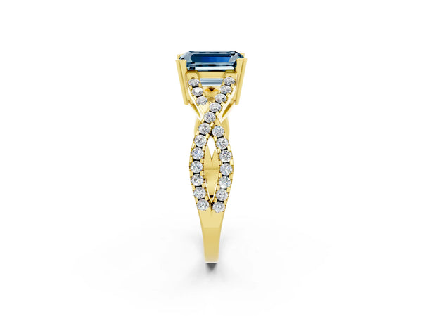 Yellow gold Emerald Cut Aquamarine Solitaire Ring with Four-Prong Setting and Twisted Pavé Band
